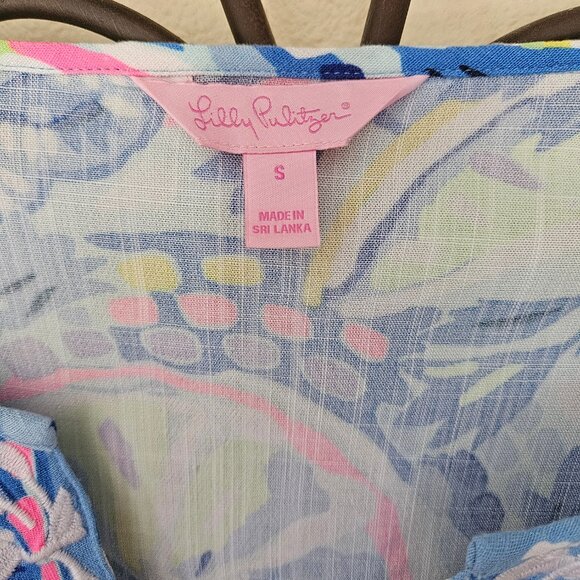 LILLY PULITZER Lyndsea Tunic Blue Peri Peri Pinch Limes Crabs SZ S - Picture 4 of 6